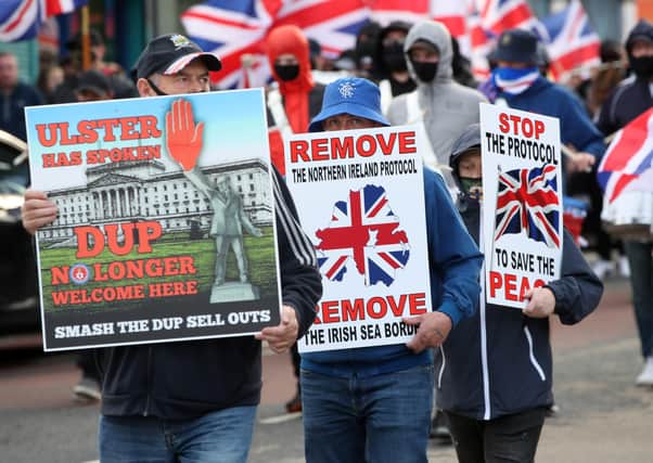 An anti-Northern Ireland Protocol protest march in north Belfast in June 2021. Presseye
