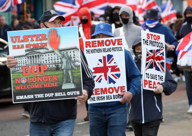 An anti-Northern Ireland Protocol protest march in north Belfast in June 2021. Presseye
