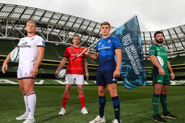 Ulster’s Kieran Treadwell (left) at the launch of the United Rugby Championship alongside, from left, Chris Farrell (Munster), Garry Ringrose (Leinster) and Paul Boyle (Connacht). Pic by INPHO/Dan Sheridan.