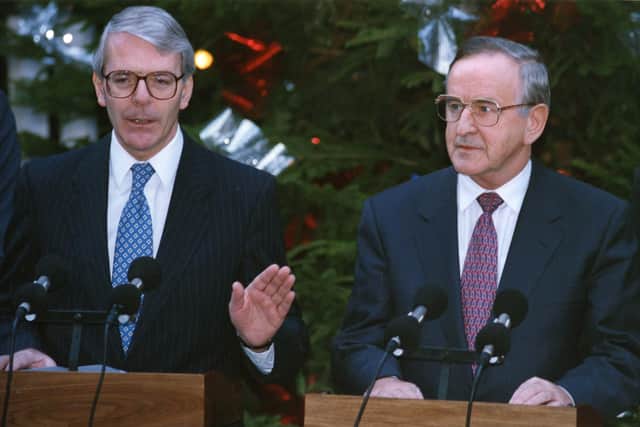 British Prime Minister John Major and Taoiseach and Fianna Fail leader Albert Reynolds give a press conference on the Joint Declaration outside 10 Downing Street in 1993.