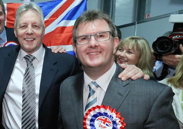 Peter Robinson, the then DUP leader, with Jeffrey Donaldson MP at the 2015 general election count