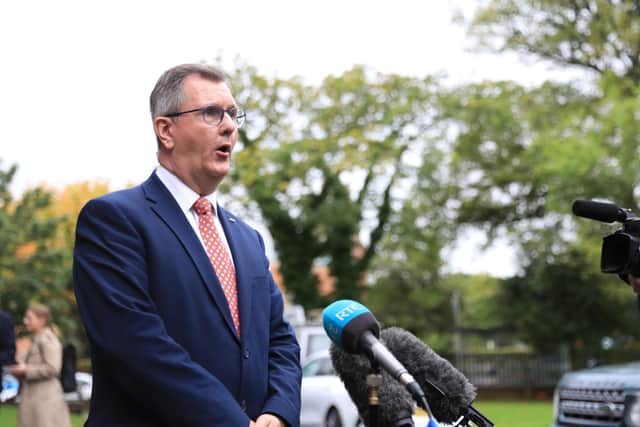 Democratic Unionist party leader Jeffrey Donaldson speaks to the media during an event hosted by the Presbyterian Church to mark the centenary of Northern Ireland at Union Theological College, Belfast. Picture date: Friday September 17, 2021.