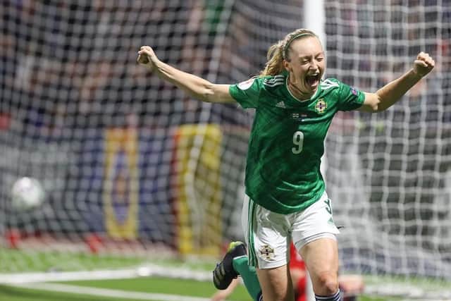 Northern Ireland senior women's Lauren Wade celebrates scoring in Larne against Luxembourg during the World Cup 2023 qualifier. Pic by Pacemaker.
