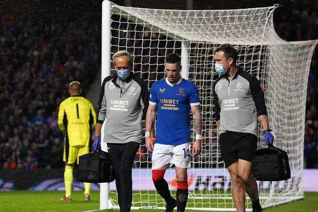 Rangers’ Ryan Kent trudges off after picking up an injury during the UEFA Europa League group match against Lyon at Ibrox