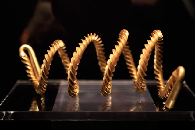 A piece of gold jewellery from the Bronze Age that was found by members of the public in Co Fermanagh and is now on display at the Ulster Museum, Belfast