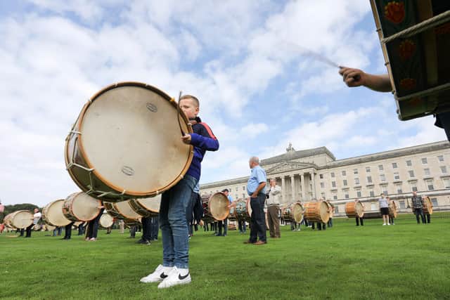 The Lambeg Drums playing at Parliament Buildings, Stormont, as the Ulster Scots Agency commissioned and dedicated eight new lambeg drums to mark the centenary of Northern Ireland.

Picture: Philip Magowan / Press Eye