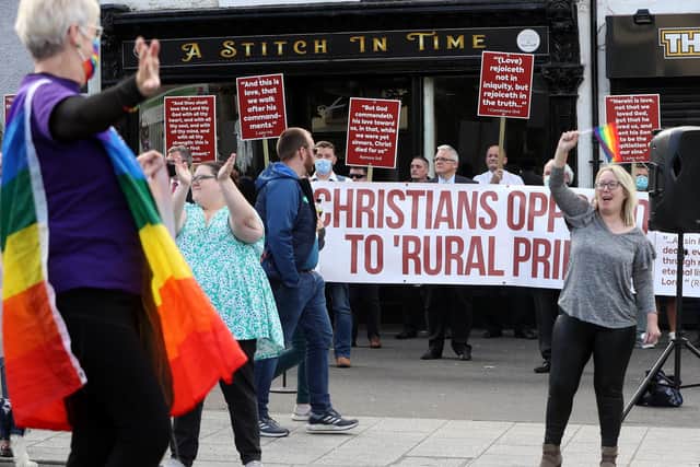 Members of the Free Presbyterian Church in Cookstown protest at the parade. 

Photograph by Declan Roughan. / Press Eye