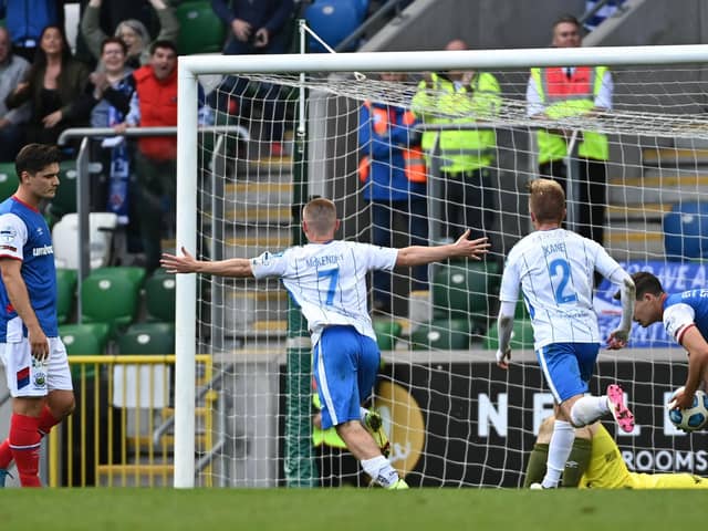 Conor McKendry celebrates his Coleraine equaliser against Linfield. Pic by Pacemaker.