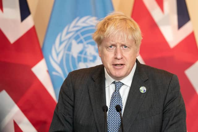 Prime Minister Boris Johnson during a press conference at the United Nations on Monday
