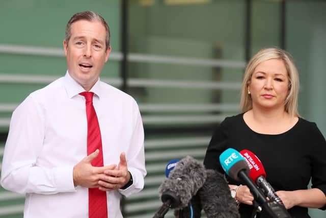 First Minister Paul Givan and Deputy First Minister Michelle O'Neill pictured holding a press conference after their visit to the Royal Victoria Hospital in west Belfast today (Sept 21, 2021)