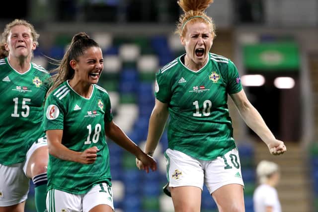 Northern Ireland’s Rachel Furness celebrates after scoring a penalty against Latvia. Photo by William Cherry/Presseye