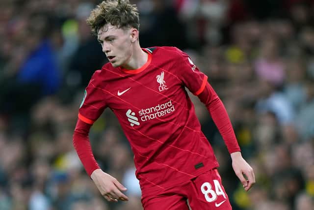 Northern Ireland-born Conor Bradley on his senior debut for Liverpool. Pic by PA.