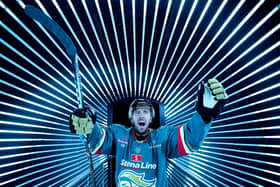 Belfast Giants Scott Conway celebrating the new brand and jersey for the news season