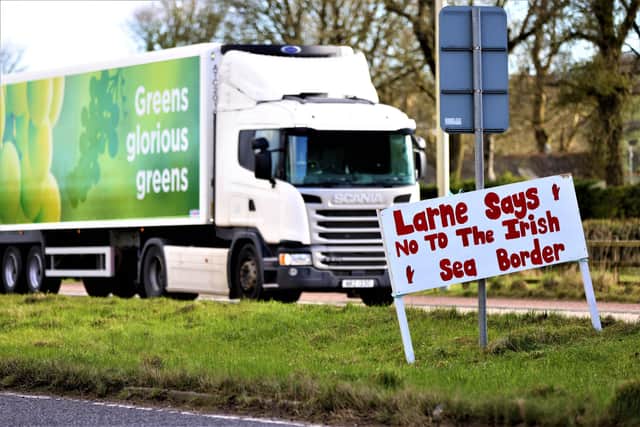 PACEMAKER, BELFAST, 10/2/2021:  A sign on the main road on the approach to the port town of Larne port in Co. Antrim protesting against the Irish Sea border imposed by Brexit.
PICTURE BY STEPHEN DAVISON