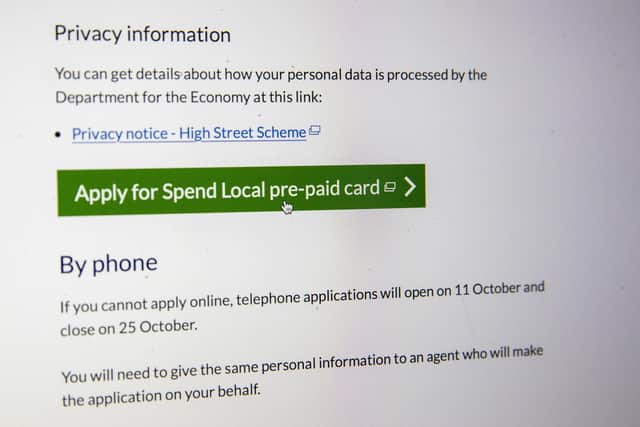 The  webpage to the apply for the High Street voucher scheme pre-paid card on the NI Direct website which opened on Monday. 