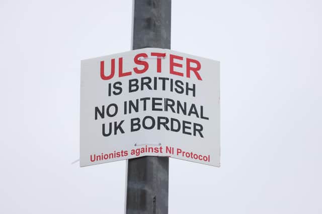 A placard voicing unionist and loyalist opposition to the NI Protocol
