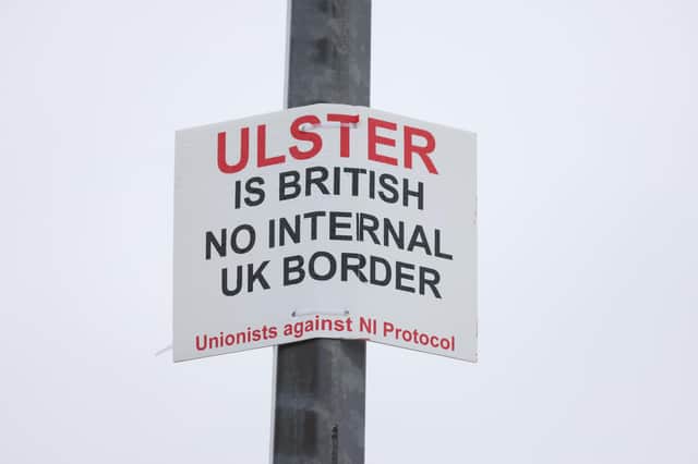 A placard voicing unionist and loyalist opposition to the NI Protocol