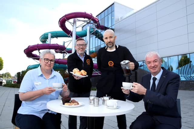 Julie Bolton, general manager, Andersonstown Leisure Centre, Colin Thompson, catering manager, Orchardville, Oscar Gallagher, Orchardville participant and Adrian Walker, partnership manager, GLL