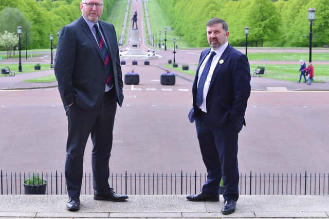 Pacemaker Press 17/05/2021: UUP leader Doug Beattie with party colleague Robin Swann. 
Picture By: Arthur Allison.