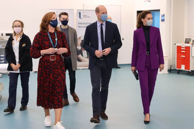 The Duke and Duchess of Cambridge take a tour of the Ulster University Magee Campus in Londonderry, Northern Ireland, where they are meeting some of the nursing students they spoke with on a video call in February and hear how their studies are progressing. Picture date: Wednesday September 29, 2021.