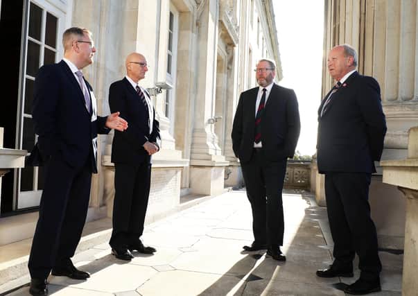 DUP leader Sir Jeffrey Donaldson, PUP leader Billy Hutchinson, UUP leader Doug Beattie and TUV leader Jim Allister at Parliament Buildings, Stormont as they launched a joint statement against the NI Protocol. Photo by Kelvin Boyes / Press Eye.