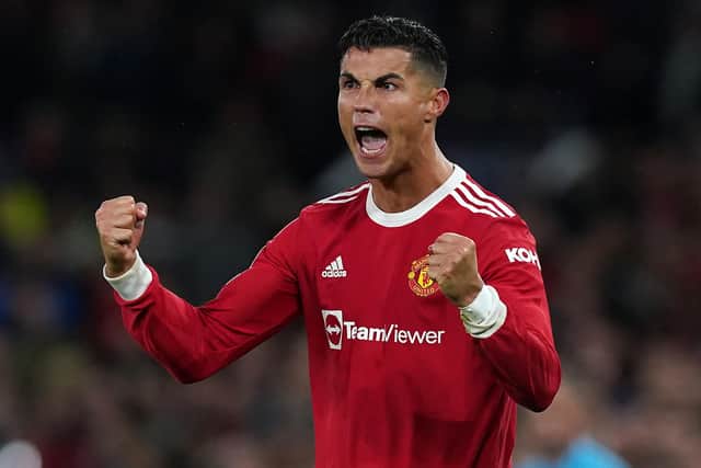 Manchester United's Cristiano Ronaldo celebrates after the final whistle of the UEFA Champions League, Group F match at Old Trafford, Manchester. Pic by PA.
