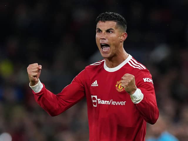 Manchester United's Cristiano Ronaldo celebrates after the final whistle of the UEFA Champions League, Group F match at Old Trafford, Manchester. Pic by PA.