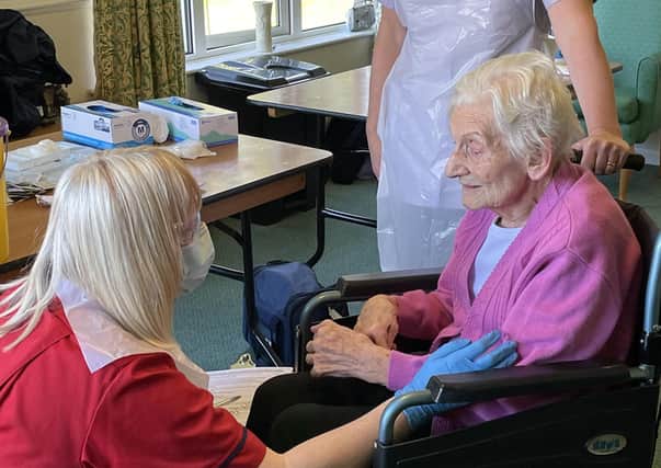 96-year-old Anne Brown received her Booster vaccine earlier today in Croagh Patrick Care Home, Donaghadee