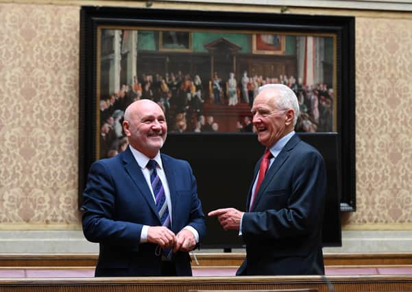 The House of Lords Speaker, Lord McFall, right, with the Speaker of the Northern Ireland Assembly, Alex Maskey, at Stormont's Parliament Buildings on Wednesday