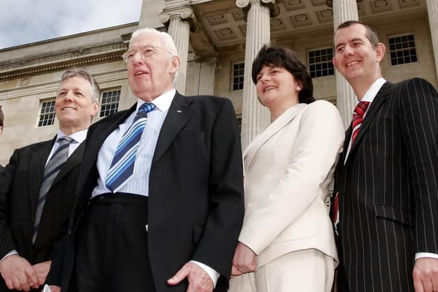 Four of the DUP politicians who led the party, seen in 2007 when Rev Ian Paisley was still in that post. From left, the then DUP deputy leader Peter Robinson, Dr Paisley, the then environment minister Arlene Foster, and the then Arts and Sports Minister Edwin Poots. Picture: Diane Magill