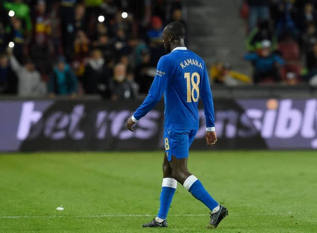 Rangers' Finnish midfielder Glen Kamara leaves the pitch after receiving a red card during the UEFA Europa League Group A football match between AC Sparta Praha and Rangers FC in Prague on September 30, 2021. (Photo by Michal CIZEK / AFP).