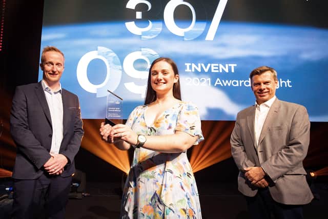 Niall Devlin, head of business banking Northern Ireland at Bank of Ireland UK and Steve Orr, CEO of Catalyst with INVENT 2021 winner Sian Farrell from Stim OxyGen