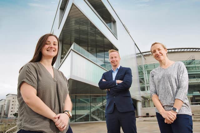 INVENT 2021 winner Sian Farrell from Stim OxyGen with Niall Devlin, head of business banking Northern Ireland at Bank of Ireland UK and Fiona Bennington, head of entrepreneurship and growth at Catalyst