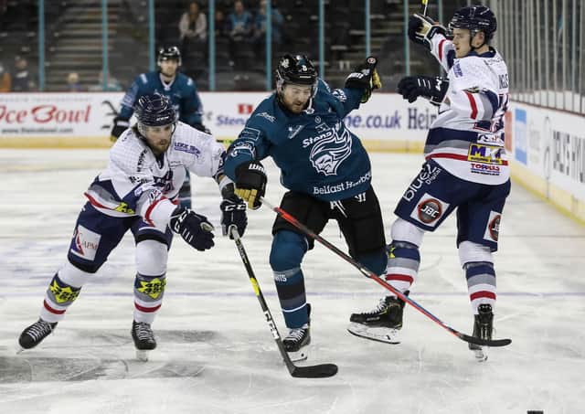 Belfast Giants' goalscorer last night Lewis Hook battles off the Dundee Stars' Kris Inglis and Alexandre Ranger during Friday night's EIHL Challenge Cup game at the SSE Arena, Belfast. Picture: William Cherry/Presseye