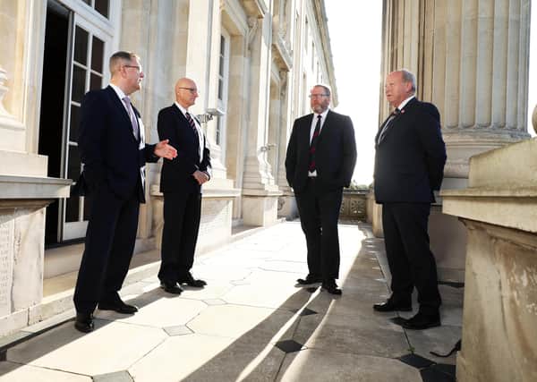 Jeffrey Donaldson, Billy Hutchinson, Doug Beattie, Jim Allister at Stormont for their joint statement against the Northern Ireland Protocol. For all their differences, the DUP, PUP, UUP and TUV can and should jointly oppose a constitutional threat