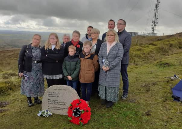 Relatives of John Eakins, 52, who was one of five men murdered in an IRA bomb attack on Brougher Mountain in Fermanagh in February 1971, at the dedication of a memorial to the men, on Saturday October 2 2021