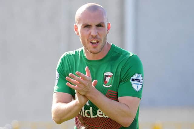 Luke McCullough following his first goal for Glentoran. Pic by Pacemaker.