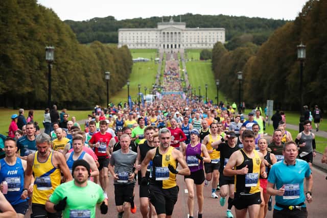 The first of the runners in the start of the 2021 Deep RiverRock Belfast City Marathon depart from the Stormont Estate, this morning.
Photo by Kelvin Boyes / Press Eye