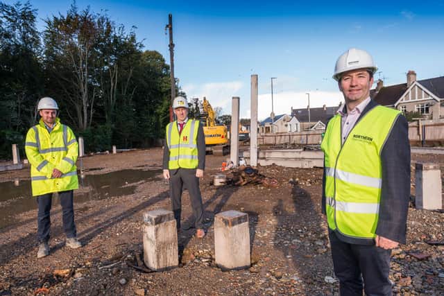 Chris Hughes, McAdam senior project manager, Karl McKillop, construction director Heron Bros and Mel Higgins, acting principal and CE Northern Regional College