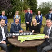 Pupils from Antrim Grammar School and St Benedict’s College, Randalstown, helped launch a new DAERA-funded Carbon Literacy project to help in the fight against climate change. (L-R) Scott Howes, Keep Northern Ireland Beautiful, Environment Minister Edwin Poots, Education Minister Michelle McIlveen and Ian Humphrey, Chief Executive of Keep Northern Ireland Beautiful