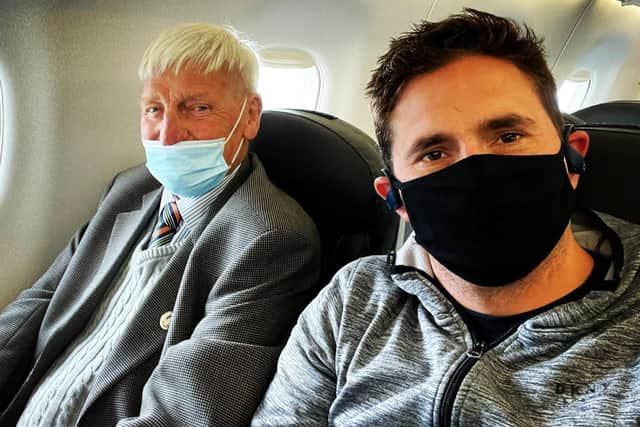 The veteran Dennis Hutchings and the Conservative MP Johnny Mercer flying over to Belfast from England on Sunday October 3 2021, ahead of Monday's trial of Mr Hutchings over a 1974 killing. Taken from the Twitter feed of Mr Mercer @JohnnyMercerUK, who wrote: 'Off to Belfast. Let’s get this done'