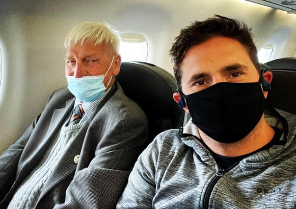 The veteran Dennis Hutchings and the Conservative MP Johnny Mercer flying over to Belfast from England on Sunday October 3 2021, ahead of Monday's trial of Mr Hutchings over a 1974 killing. Taken from the Twitter feed of Mr Mercer @JohnnyMercerUK, who wrote: 
'Off to Belfast. Let’s get this done'