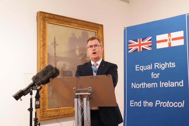 DUP leader Sir Jeffrey Donaldson speaking at a fringe event on the Northern Ireland Protocol at the Conservative Party Conference in Manchester on Monday. Picture Press Association