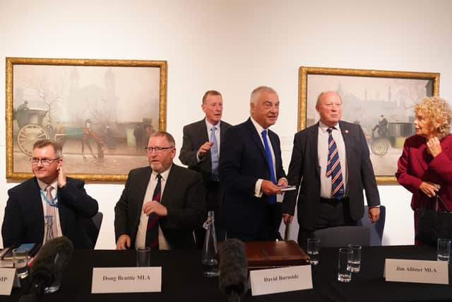 (left to right) DUP leader Sir Jeffrey Donaldson, UUP leader Doug Beattie, David Trimble, David Burnside, Jim Allister and Kate Hoey at the meeting against the Irish Sea border