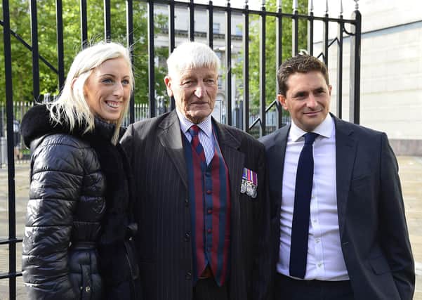 Army veteran Dennis Hutchings  and Conservative MP Johnny Mercer pictured outside Belfast court with Carla Lockhart Democratic Unionist Party MP.
Picture By: Arthur Allison/ Pacemaker Press.