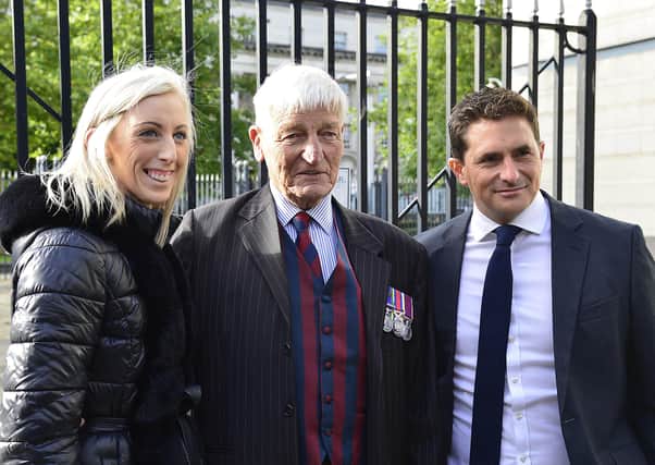 Army veteran Dennis Hutchings (centre) and Conservative MP Johnny Mercer pictured outside Belfast court with DUP MP Carla Lockhart.
Picture By: Arthur Allison/ Pacemaker Press.