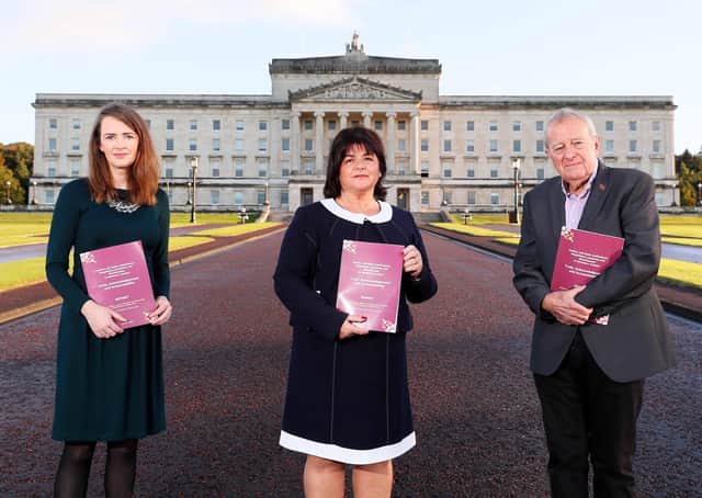 Handout photo issued by Truth Recovery Design Panel of Dr Maeve O'Rourke, Deirdre Mahon (Chair) and Professor Phil Scraton outside Stormont, at the official launch of Truth Recovery Design Panel Report entitled 'Mother and Baby Institutions, Magdalene Laundries and Workhouses in Northern Ireland - Truth, Acknowledgement and Accountability'. Picture date: Tuesday October 5, 2021.