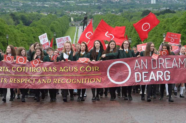 A protest at Stormont in May 2019 in support of an Irish language act. Photo: Colm Lenaghan/Pacemaker