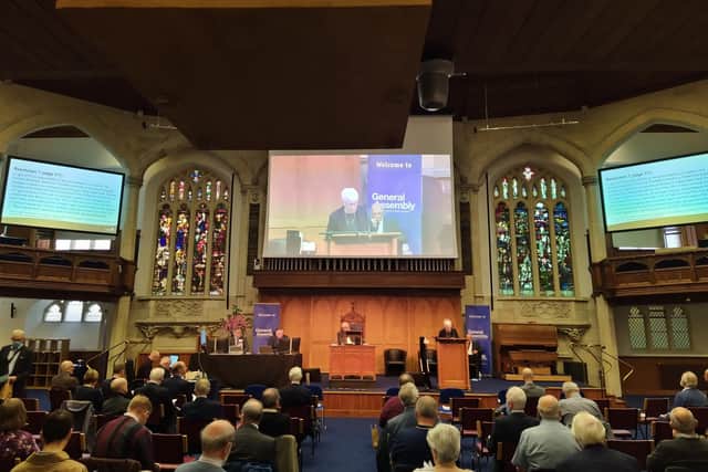 Rev Dr Liz Hughes addressing the General Assembly during the Fossil Fuel debate