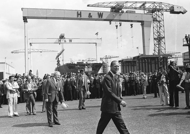 The Duke of Edinburgh visiting Harland and Wolff during the Jubilee visit in July 1977. Picture: Pacemaker Press